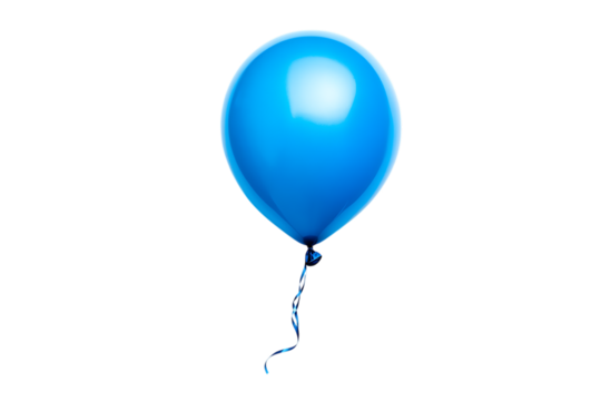 Single blue party balloon with ribbon isolated on a white background