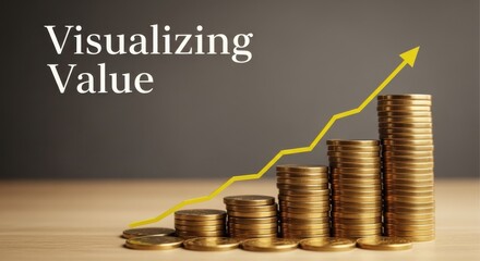 Stacks of gold coins with a yellow arrow graph showing growth money finance