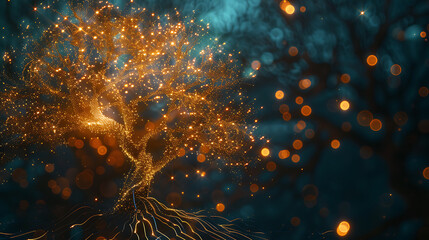 Fototapeta premium Photo of a magical tree glows with ethereal light in a dreamlike landscape