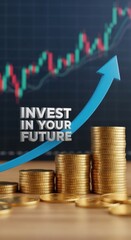 Stacks of gold coins with upward trending stock market graph and blue arrow finance investment