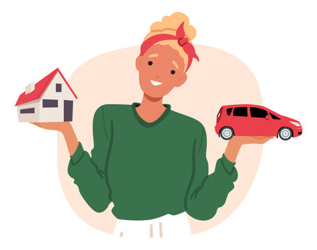 Comfort realization basic human needs vector illustration with happy woman holding house and car