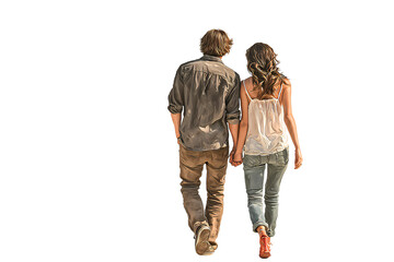 Young Couple Walking Away While Holding Hands, Rear View with Intimate Body Language, Transparent Background