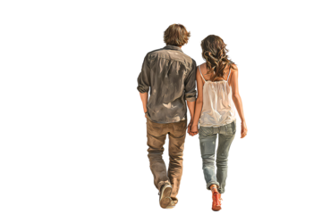 Young Couple Walking Away While Holding Hands, Rear View with Intimate Body Language, Transparent Background