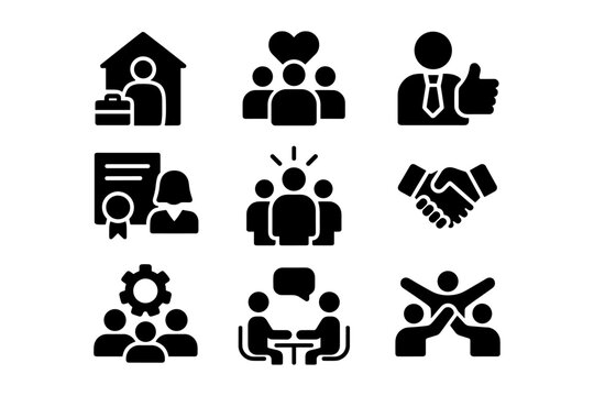 Business icons set: teamwork, communication, leadership, partnership, recognition