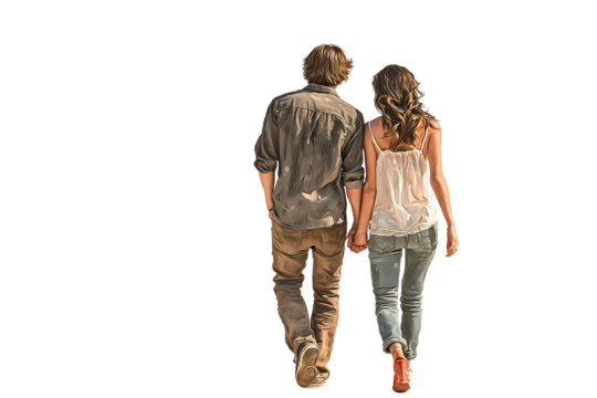 Young Couple Walking Away While Holding Hands, Rear View with Intimate Body Language, Transparent Background