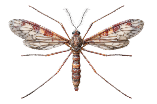 Top-Down View of Mosquito Resting with Legs Spread Out, Transparent Background.