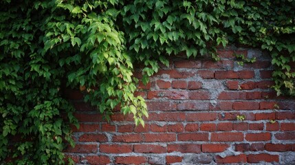 Lush greenery cascading over a weathered brick wall
