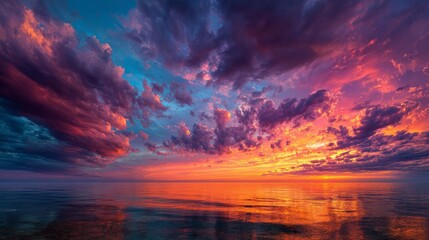 Fototapeta premium Stunning sunset over the ocean with colorful clouds in view
