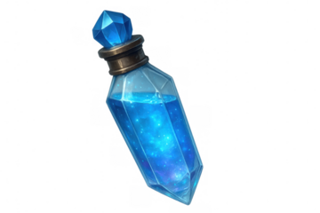Magical faceted glass potion bottle filled with glowing blue liquid is isolated on a transparent background
