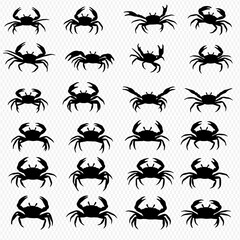 A grid of twenty-four crab silhouettes in various poses and perspectives, showcasing different crab species or artistic styles.
