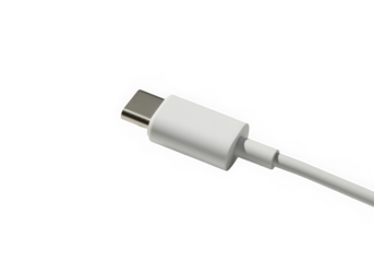 A close-up of a sleek white USB-C cable connector, showcasing its modern design and functionality on a dark background.