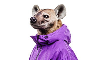 Hyena fashion model in stylish purple jacket posing