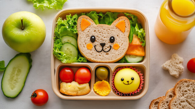 Kids lunch box with cute cat sandwich, muffin and mouse made from boiled egg. Back to school breakfast background - lunch box, bottle of orange juice and green apple. Top view.  - Powered by Adobe