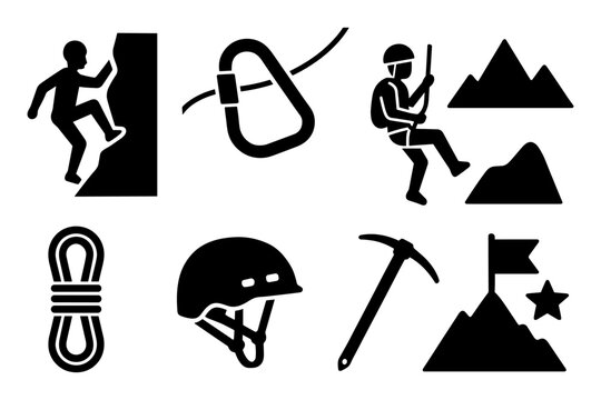 Thrilling mountain climbing adventure icons set in bold silhouette style