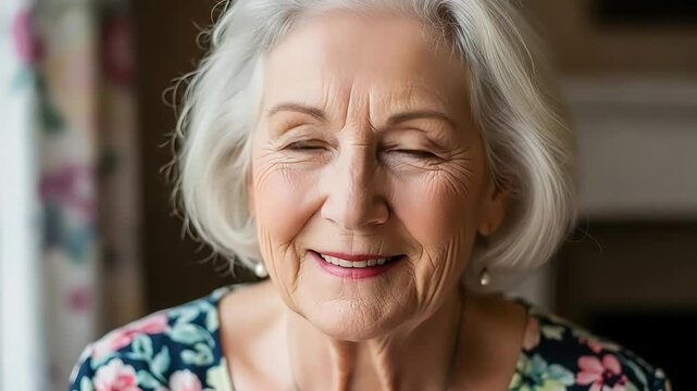 Happy Elderly Woman with Eyes Closed