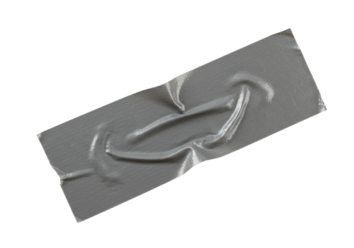 Single grey duct tape, rough texture, subtle wrinkles, realistic sheen, firmly stuck on immaculate white background, no shadows, high-angle UHD macro shot, precise product photography concept