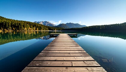 Tranquil wooden pier on a serene lake, mountains in the background