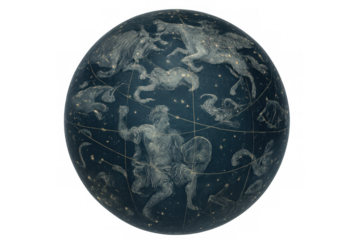 Vintage celestial globe mapping star patterns, mythical beings against transparent backdrop, highlighting astronomical design for scholarly visualization