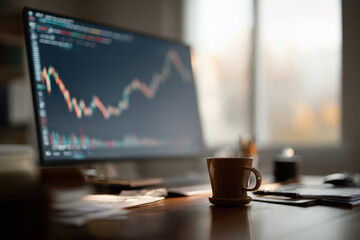 traders screen displaying fluctuations of stock or cryptocurrency markets is shown