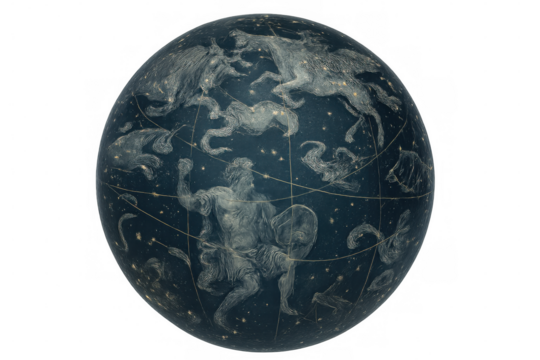 Vintage celestial globe mapping star patterns, mythical beings against transparent backdrop, highlighting astronomical design for scholarly visualization