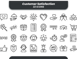 Vector art of customer satisfaction icons representing feedback, service quality, and customer experience