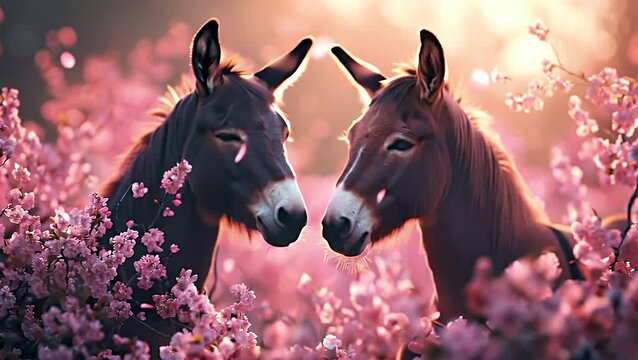 A pair of donkeys at stunning pink field