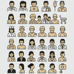 Medical Professionals and Healthcare Icons An Array of Diverse Doctors Nurses and Staff Represented in Vector Style