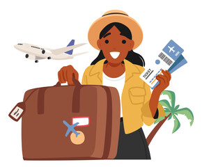 Travel basic human needs vector illustration with happy woman tourist enjoying trip adventure