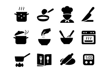 Cooking icons set featuring chef, kitchen tools, and food preparation elements in silhouette style