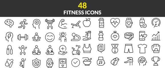 Collection of Fitness Icons Representing Various Aspects of Health and Exercise Related Activities Depicted in Black and White Outlines