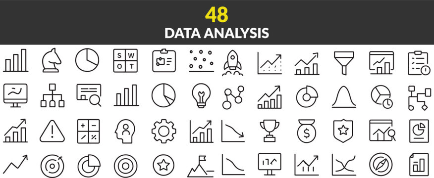 A Comprehensive Collection of Data Analysis Icons Emphasizing Charts, Graphs, and Analytical Tools for Business and Statistical Visualizations