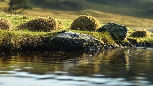 A stack of hay bales sits atop a lush green hillside