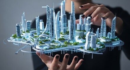 Person holding a futuristic city model in their hands