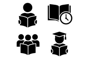 Education and learning icons: reading, study group, time management, graduation