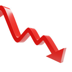 A sleek, vibrant red, glossy 3D arrow curves downwards, isolated on a seamless, shadowless white cyclorama background, signifying decline and financial loss concept