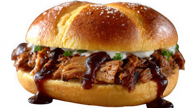 A delicious pulled pork sandwich with bbq sauce and garnish isolated on transparent background