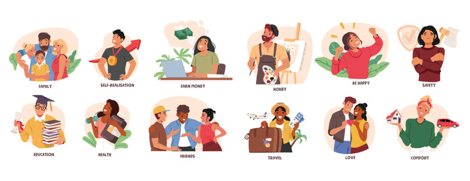 Basic human needs set representing people and their life pleasures, self-realization and well-being