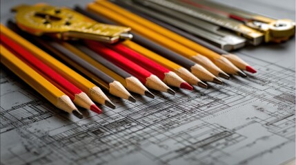 Fototapeta premium Pencils and drafting tools on architectural blueprints