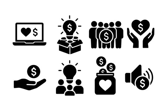 Financial support and crowdfunding symbol set in black silhouette style