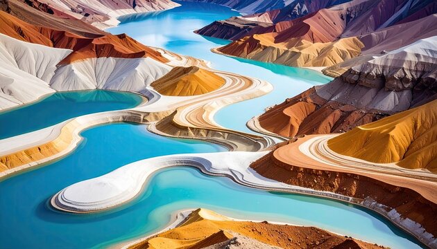Aerial View of Rhythmic Varves of Glacial Lake Clay and Silt in Alternating Colors with Blue Water and Earthy Tones