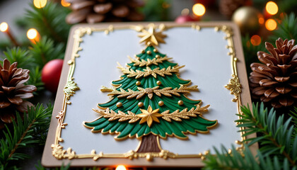 Christmas card design featuring a decorated tree with pinecones  