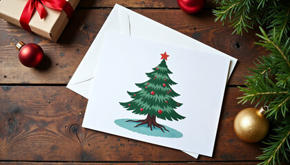 Christmas tree illustration on a card with festive decorations