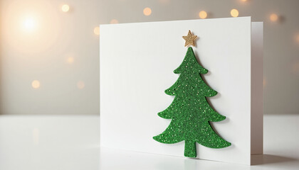 Green Christmas tree card with a star on white background  