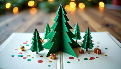 Pop-up Christmas trees with colorful decorations inside a card  