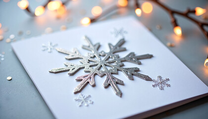Silver snowflake design on white card with warm lights background  