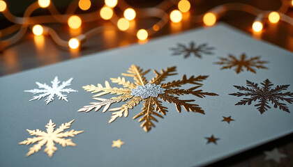 Snowflake decorations on white card with warm fairy lights background  