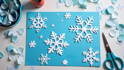 Paper snowflakes and crafting tools on blue background for Christmas cards  