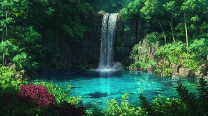 Lush waterfall cascading into a tranquil turquoise pool.