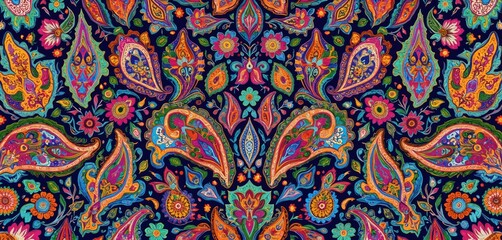 Indian-inspired textile pattern features intricate paisley, floral motifs in vibrant jewel tones. Seamless, repeating design offers colorful, ethnic, traditional aesthetic suitable for wallpaper,