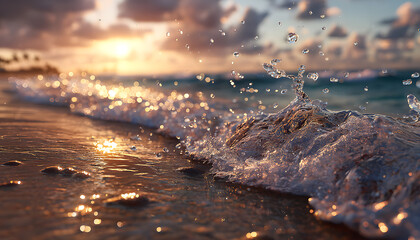 水しぶきとまぶしい太陽の光に満ちた夏の空。A summer sky filled with splashes of water and dazzling sunlight.